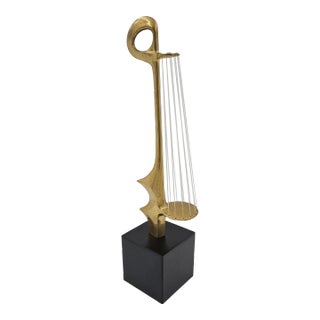 Vintage Signed Brass Acrylic Strands Abstract Surrealist Harp Sculpture C 1960s For Sale