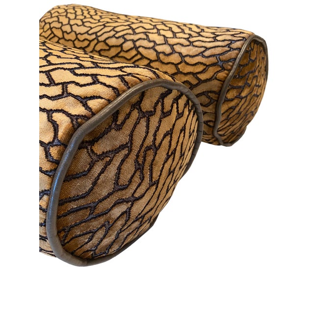 Custom Pair of Bolster Pillows With Lush Patterned Velvet and Leather Trim For Sale - Image 11 of 11