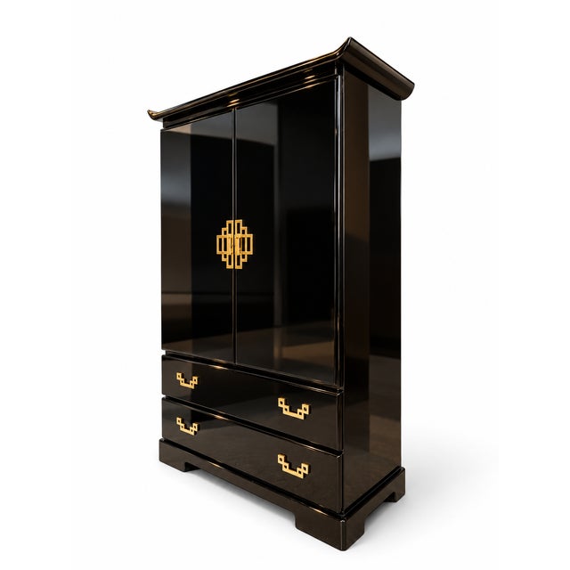 Broyhill Vintage Broyhill Asian Modern Black Lacquer Armoire With Brass Hardware For Sale - Image 4 of 12