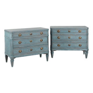 19th Century Swedish Gustavian Blue Painted Chest of Drawers, Pair For Sale