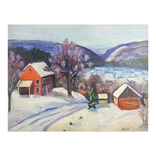Mid 20th Century Farm in Snowy Winter Landscape Painting For Sale