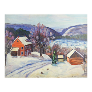 Mid 20th Century Farm in Snowy Winter Landscape Painting