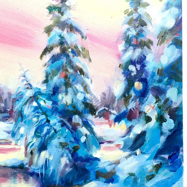 2020s Winter Snow Landscape Forest Original Painting Handmade Art Decor by Valeriya Serova For Sale - Image 5 of 7