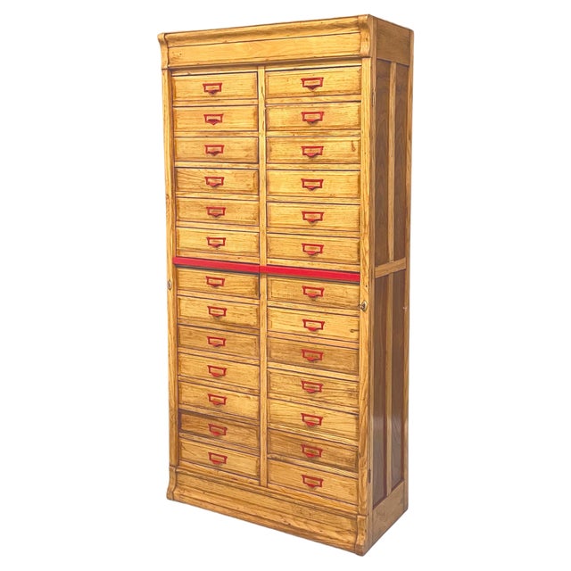 Mid-Century Modern Italian Office Filing Cabinet in Wood and Red Metal, 1940s For Sale