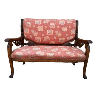 Early 20th Century Antique Renaissance Style Carved Oak Claw Feet Upholstered Loveseat For Sale