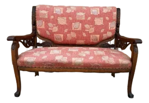 Early 20th Century Antique Renaissance Style Carved Oak Claw Feet Upholstered Loveseat