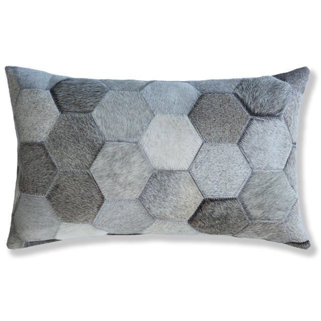 Farmhouse Luxury Gray Cowhide Leather Throw Pillow 16x24 | Handmade Hexagon Patchwork Designer Lumbar Cushion For Sale - Image 3 of 8