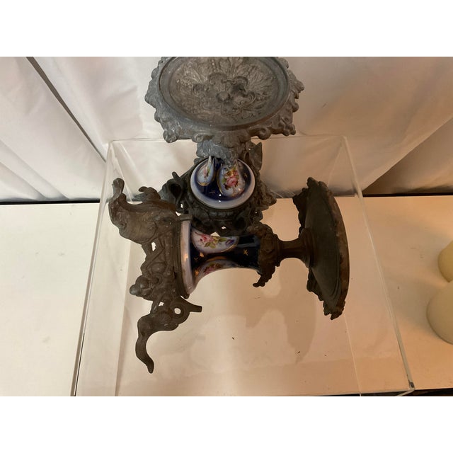 Royal Blue Mid 19th Century Victorian Iron & Porcelain With Gold Trim Candle Stands- Set of 2 For Sale - Image 8 of 9