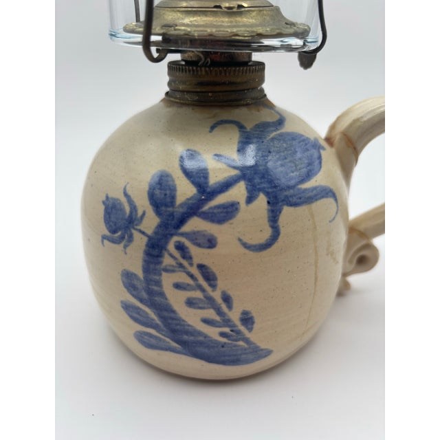 Antique Blue & White Stoneware Oil Lamp With Glass Chimney For Sale - Image 4 of 10