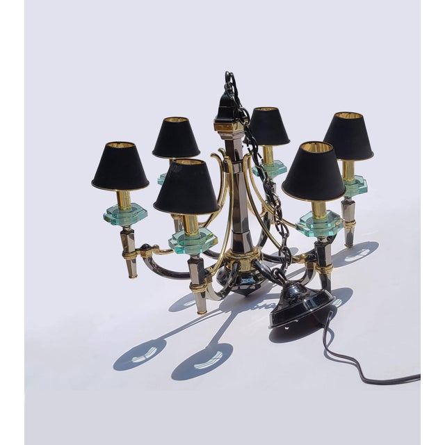 Italian Black Brass 6-Light Murano Crystal Chandelier With Metal Shades For Sale In Detroit - Image 6 of 8