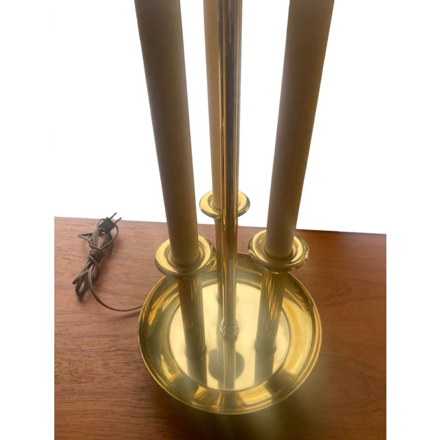 Set of 2 Vintage Brass Bouillotte Pair Table Lamps 3 Arm Candelabra Lamp With Pleated Shades Hollywood Regency For Sale - Image 9 of 12
