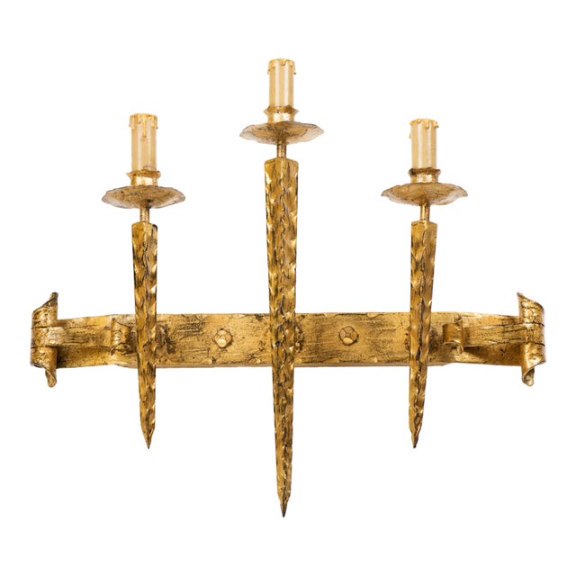 1950s Spanish Gilt Metal Gothic 3-Light Wall Sconce For Sale