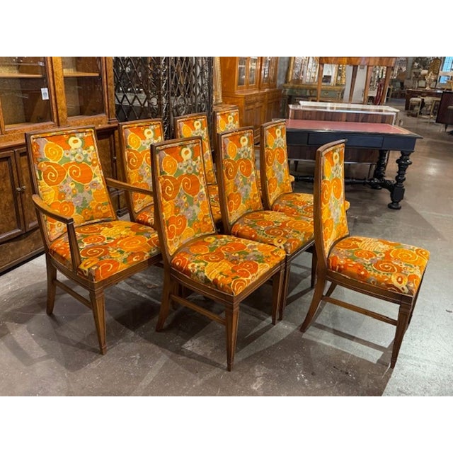 Wood Set of 8 Pecan Dining Chairs With Jack Lenor Larsen Fabric For Sale - Image 7 of 7