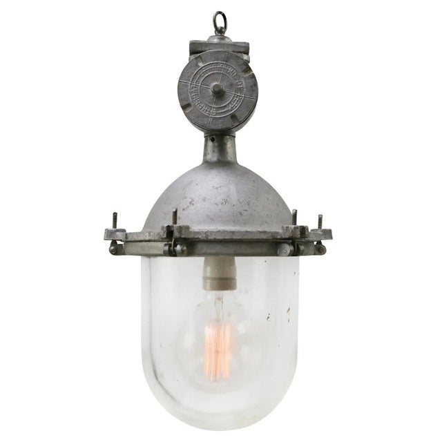 Industrial Vintage Industrial Silver Metal and Clear Glass Pendant Lights, 1950s For Sale - Image 3 of 7