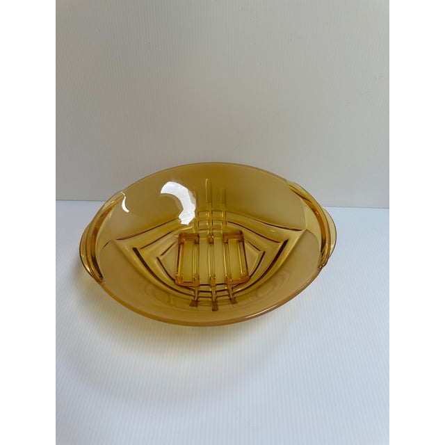 Antique 1920-1930s Stolzle Czech/Austria Art Deco Geometric Amber Pressed Glass Handle Bowl For Sale - Image 10 of 12