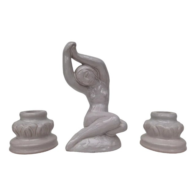 Steinggut Figure with Candleholders by Lauritz Adolph Hjorth, Denmark, 1960s, Set of 3 For Sale