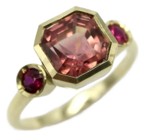 18k Gold Peach Tourmaline and Ruby Three-Stone Ring, Size 7.5