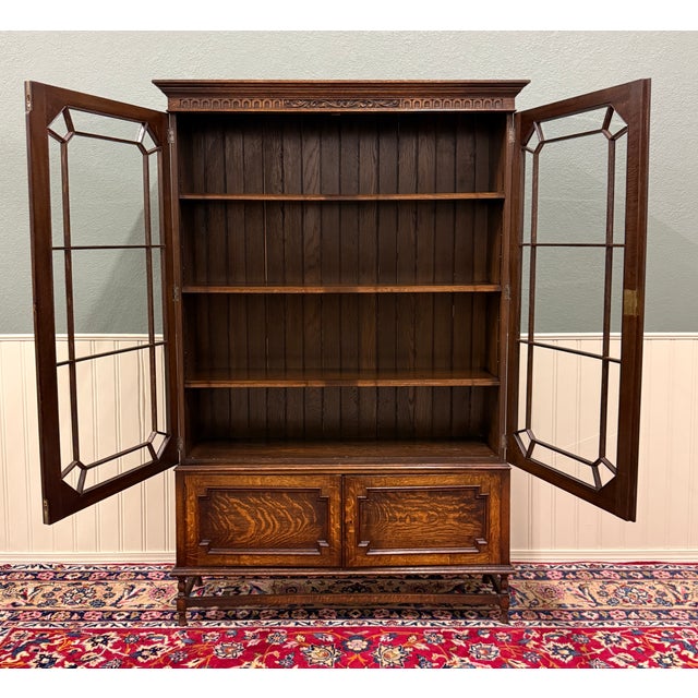 Antique English Jacobean Bookcase Cabinet Double Door Wavy Glass Tiger Oak 1930s For Sale - Image 16 of 18