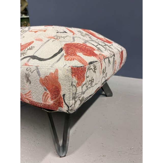 Pouf with Fish-Patterned Square Pillow and Iron Legs For Sale - Image 6 of 13