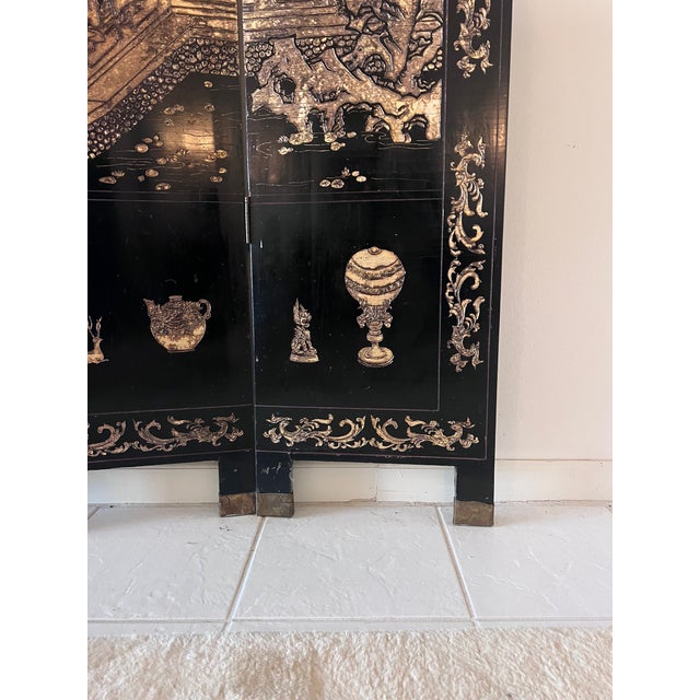 Hollywood Regency Vintage Chinese Coromandel Black Lacquer 8-Panel Folding Screen With Gilt Court Scenes For Sale - Image 3 of 7