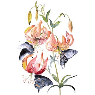 "Lilies and Swallowtails" Contemporary Original Botanical Flowers and Butterflies Watercolor Painting by Elizabeth Becker For Sale