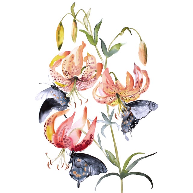 "Lilies and Swallowtails" Contemporary Original Botanical Flowers and Butterflies Watercolor Painting by Elizabeth Becker For Sale