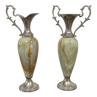 Pair of Vintage Green Onyx Urn Vases With Silver-Toned Handles, Mid-Century Neoclassical For Sale