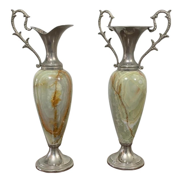 Pair of Vintage Green Onyx Urn Vases With Silver-Toned Handles, Mid-Century Neoclassical For Sale