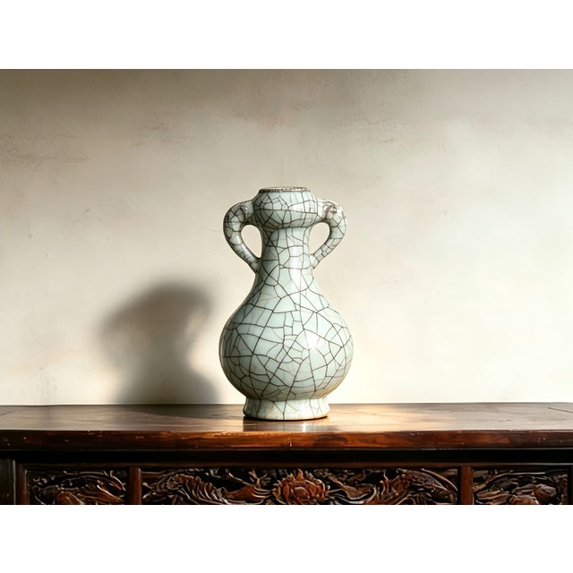 Art Deco Chinese Ceramic Vase Guan Ware Crackle Glaze Celadon Double Ears Vase For Sale - Image 3 of 6
