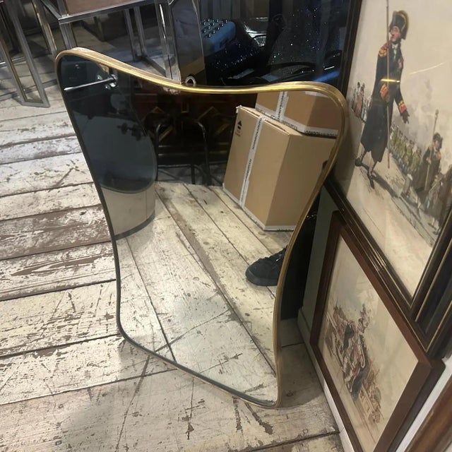 1950s Gio Ponti Style Mid-Century Modern Brass Biscuit Shaped Wall Mirror For Sale - Image 6 of 13