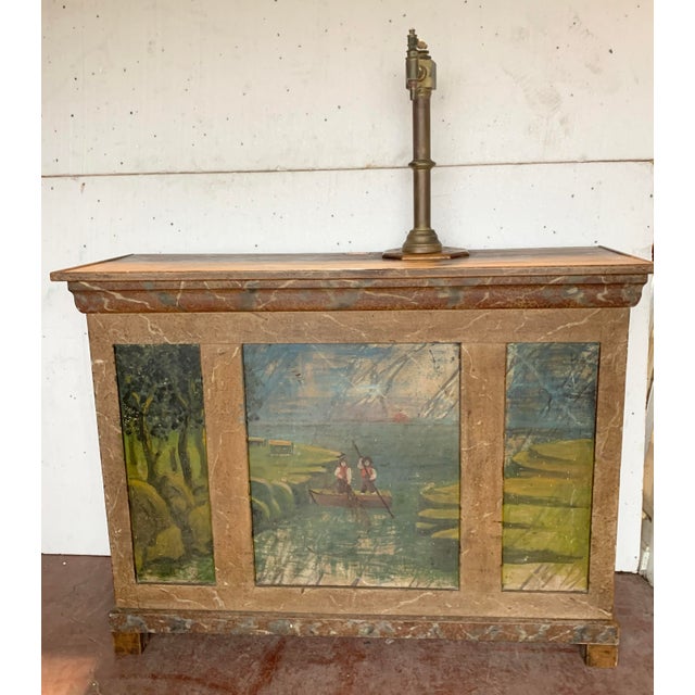 Flament-style bar counter in patinated fir Front with three painted panels Sides and perimeter of the front painted to...