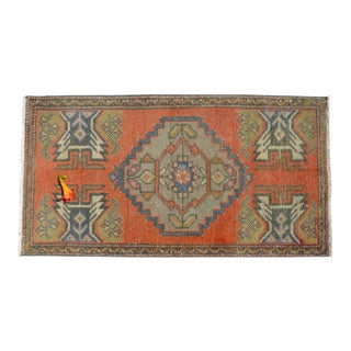 Distressed Low Pile Turkish Yastik Petite Rug Hand Knotted Faded Mat - 20'' X 39'' For Sale