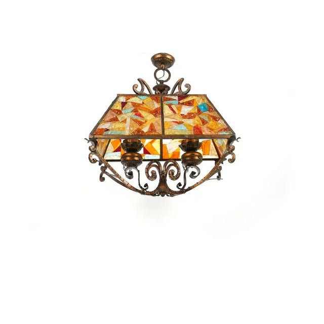 Gold Lantern Wrought Iron and Hammered Glass attributed to Longobard, Italy, 1970s For Sale - Image 8 of 12