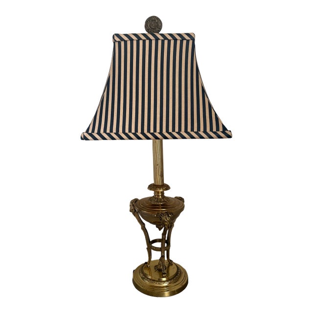 1960s Hollywood Regency Brass Ram Lamp With Silk Striped Shade For Sale