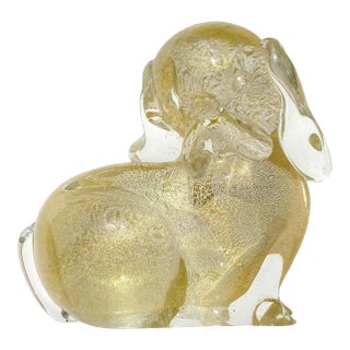Murano Seguso Signed Vintage Clear Gold Flecks Italian Art Glass Puppy Dog Figurine Sculpture For Sale