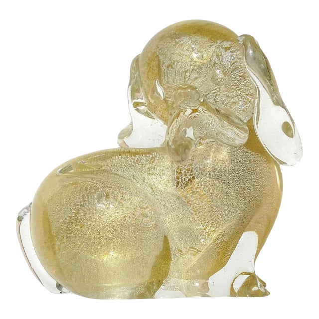 Murano Seguso Signed Vintage Clear Gold Flecks Italian Art Glass Puppy Dog Figurine Sculpture For Sale