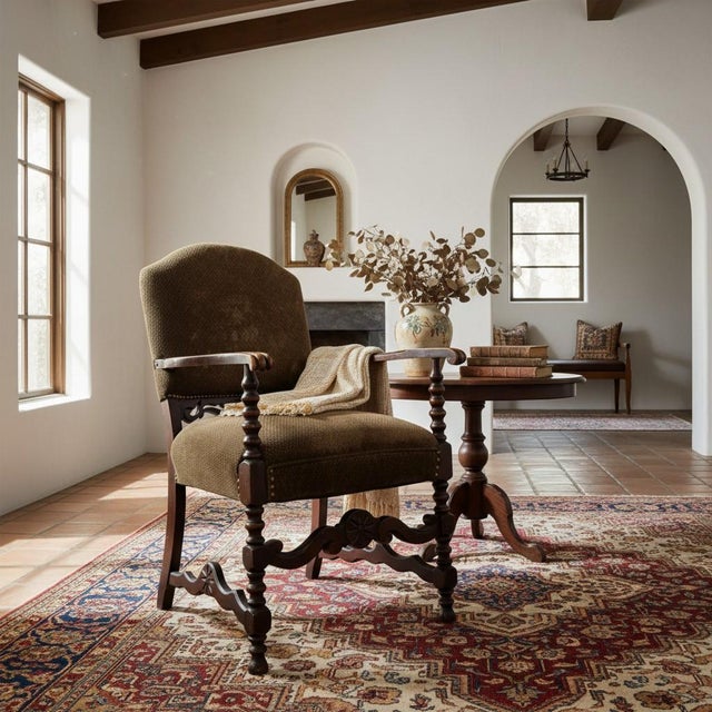 Antique 1930s Carved Wood Armchair – Cottagecore Library Chair for a Cozy Reading Nook Bring timeless charm into your home...
