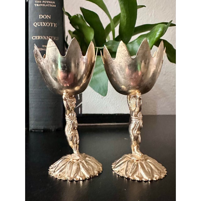 Vintage Renaissance Style Cherub/ Putti Gold Plated Metal Candle Holders, Eggs Cups - A Pair For Sale In Denver - Image 6 of 12