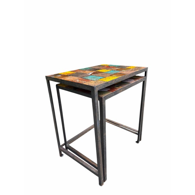 Late 20th Century Vintage Industrial Reclaimed Metal Signage Nesting Tables - Pair For Sale - Image 5 of 11