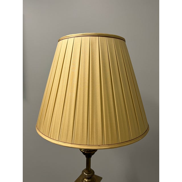 Handsome and substantial quality English brass standing floor lamp c 1860. Fine details. Comes with a custom silk pleated...