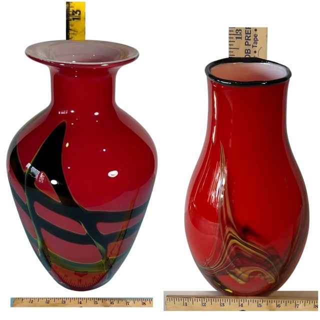Art Glass Red Abstract Vases- A Pair For Sale - Image 10 of 12
