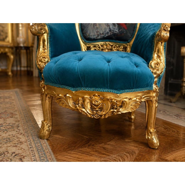 1900s French Louis XVI Blue/Green/Teal Velvet Sofa Set-5 Pc For Sale - Image 9 of 18