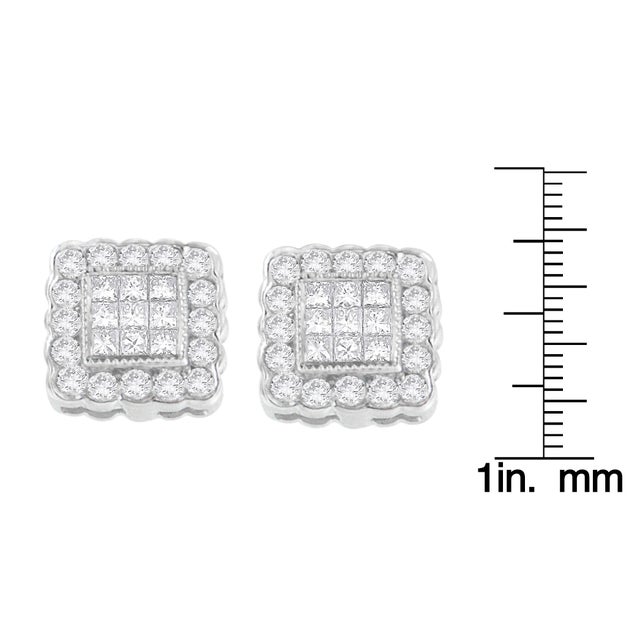 14K White Gold 1.0 Cttw Round Brilliant & Princess Cut Diamond Scallop-Edge Framed Square Halo Stud Earrings (G-H Color, SI1-SI2 Clarity) For Sale - Image 4 of 4