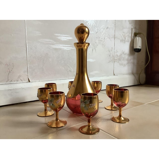 Murano 1990s Murano Hand-Made and Hand Painted Decanter and 8 Glass Cup Set in Mint Condition For Sale - Image 4 of 4
