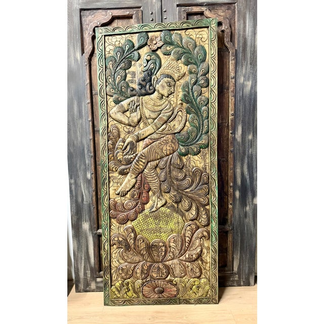 Vintage Colorful Dancing Krishna Carved Wood Door – Handcrafted Indian Art Wall Panel 83x36 For Sale - Image 4 of 8