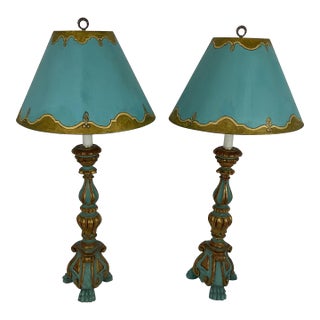 1950s Florentine Gilt Wood Table Lamps With Matching Hand Painted Shades - a Pair For Sale