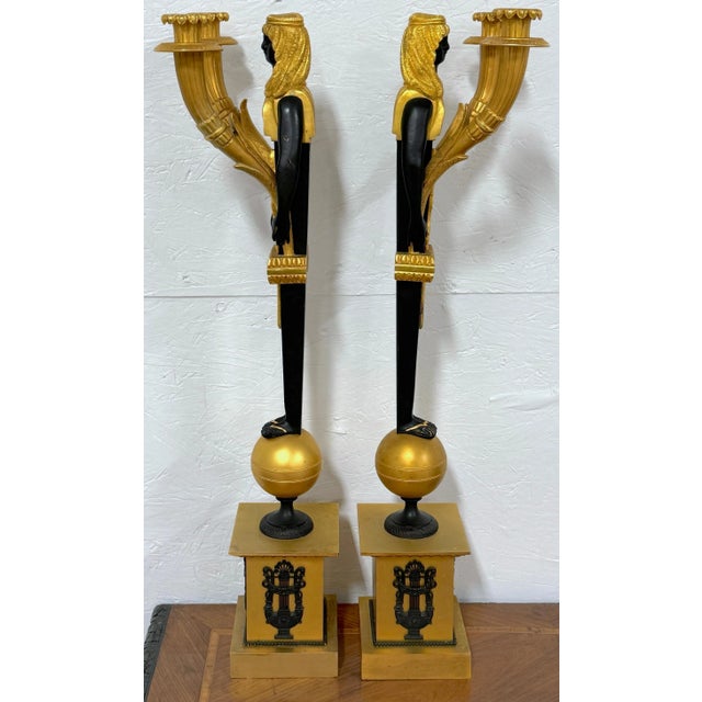 Traditional Empire Style Egyptian Caryatid Two-Light Ormolu & Patinated Candelabra - a Pair For Sale - Image 3 of 12