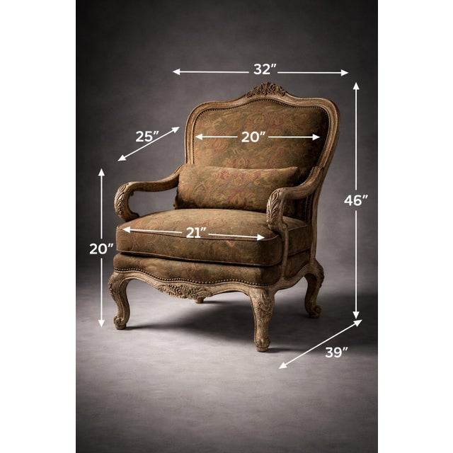 French Provincial Late 20th Century French Provincial Louis XV Style Carved Armchair by Thomasville With Antiqued Frame & Tapestry Upholstery For Sale - Image 3 of 10