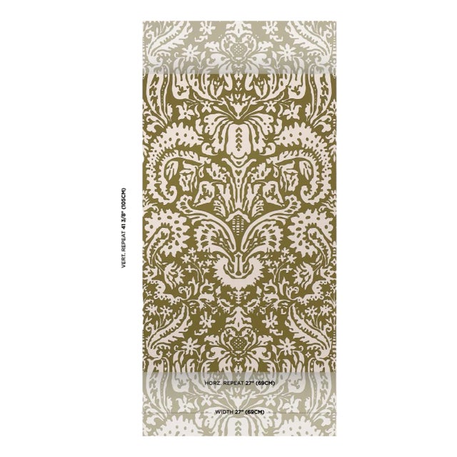 Schumacher X Veere Grenney Suffolk Damask Wallpaper In Olive For Sale
