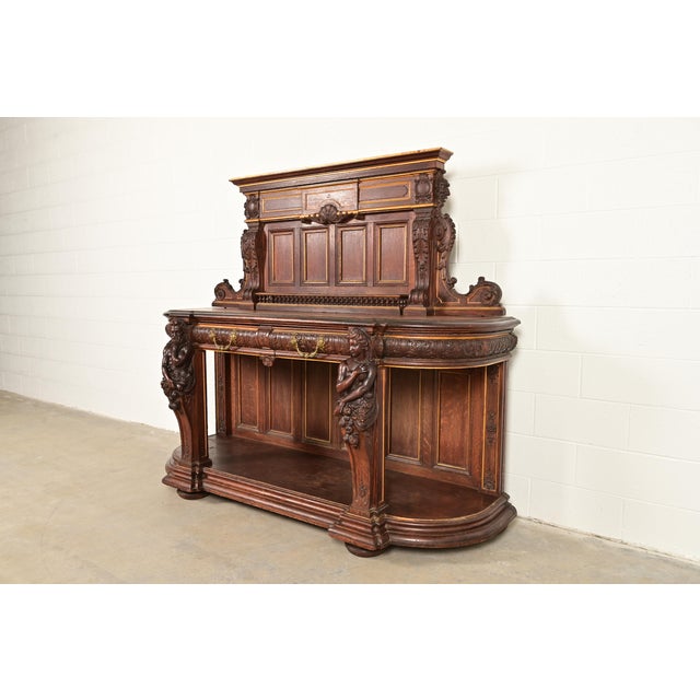 Victorian R. J. Horner Renaissance Revival Ornate Carved Oak Sideboard or Bar Cabinet, Circa 1880s For Sale - Image 3 of 16
